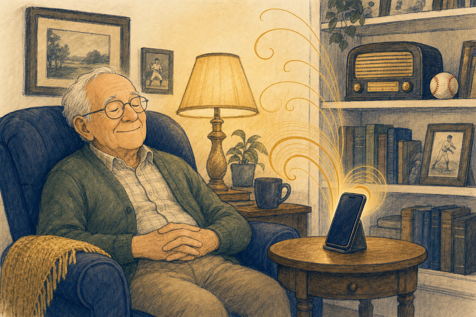 Warm illustration of a grandfather relaxing in an armchair, listening to golden sound waves rising from a phone, with a vintage radio on the bookshelf behind him