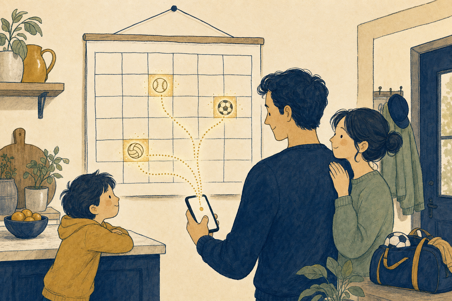 Warm illustration of a golden thread flowing from a parent's phone into a kitchen wall calendar, filling squares with tiny sports icons