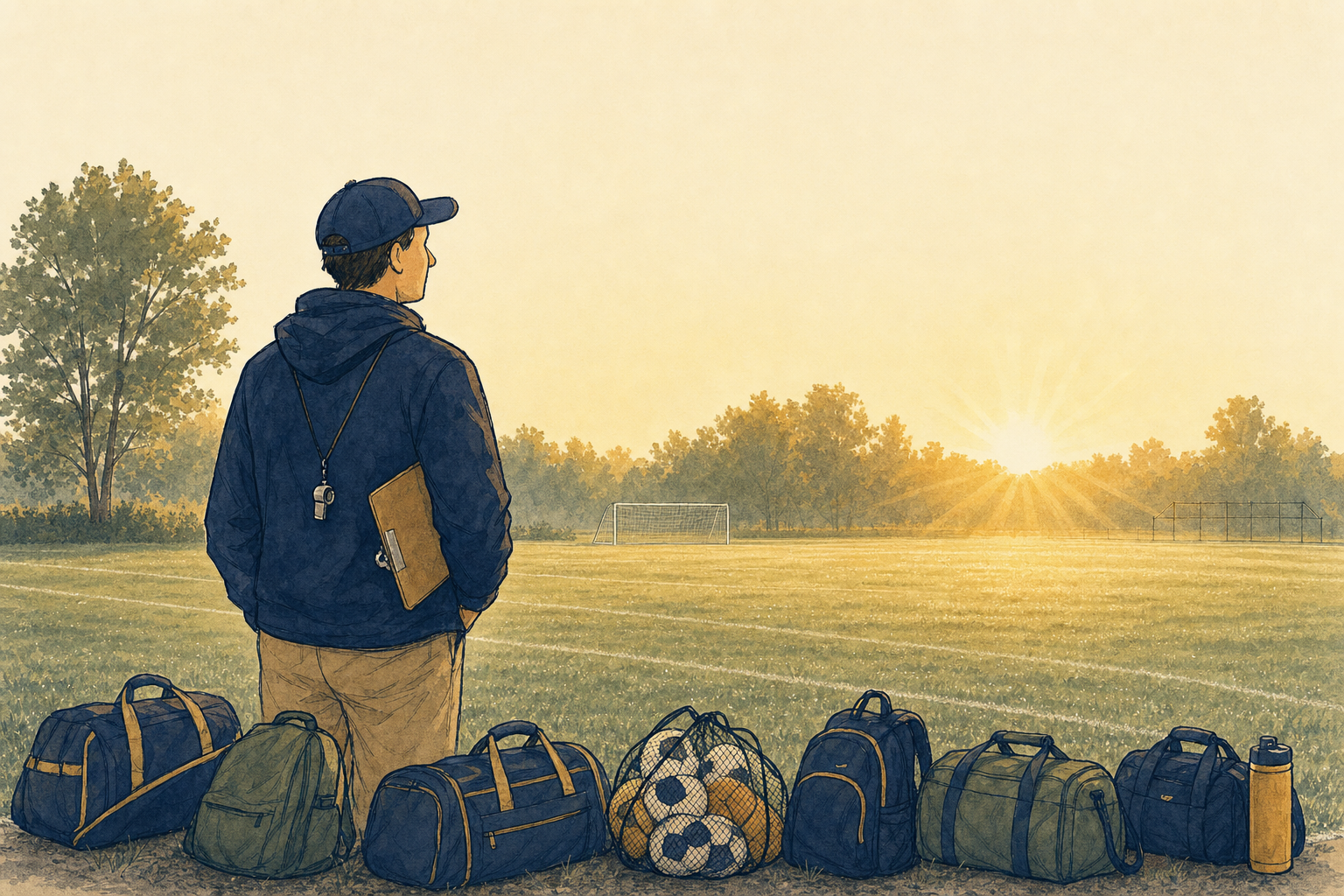 Warm illustration of a team organizer at dawn looking over a youth sports field, equipment bags lined up and ready for the team to arrive